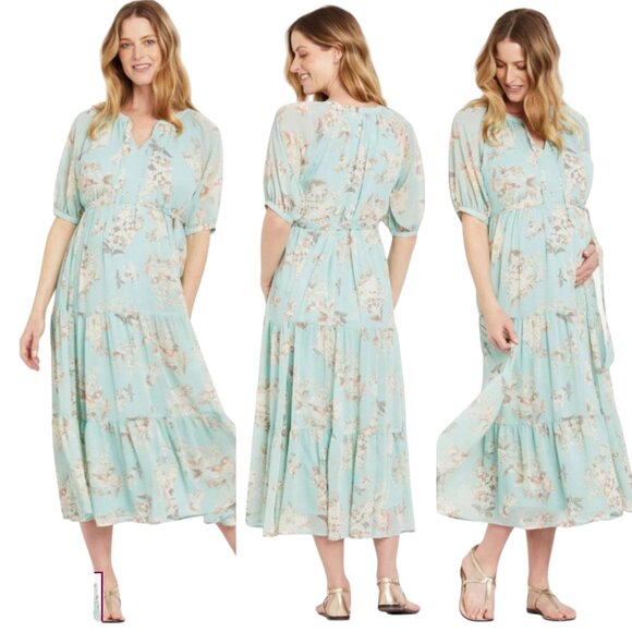 Motherhood Floral Tiered Midi Dress, Mint Green, M - Picture 11 of 11